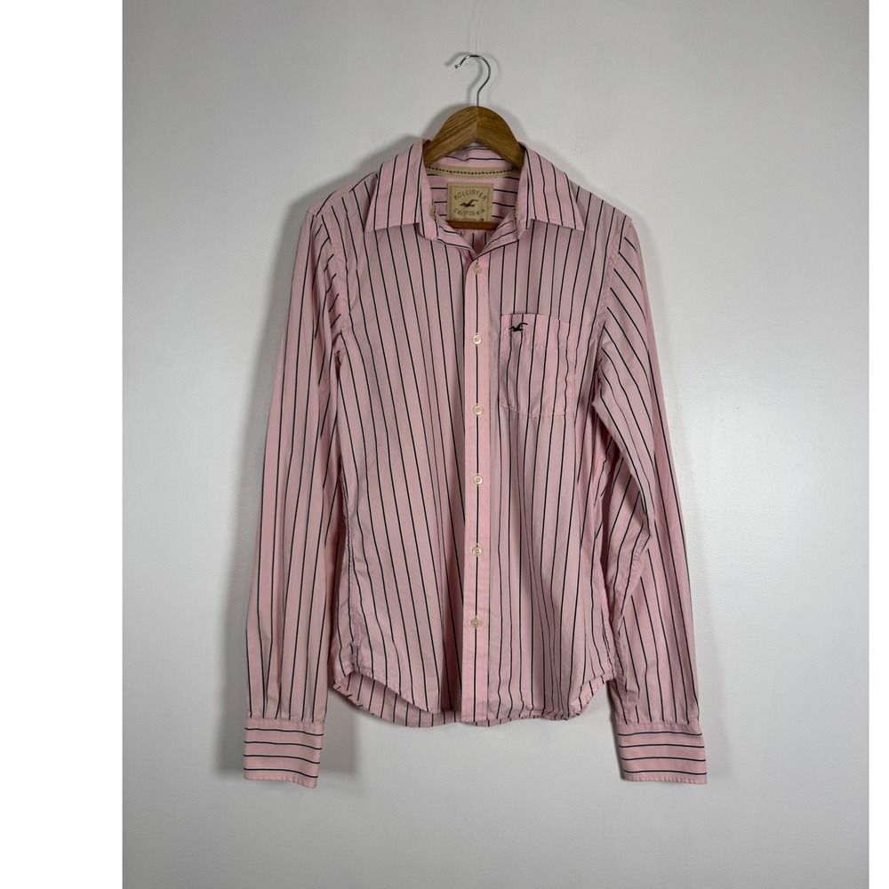 Preppy Hollister Mens M Button Down Shirt Pink Navy Blue Striped Long Sleeve